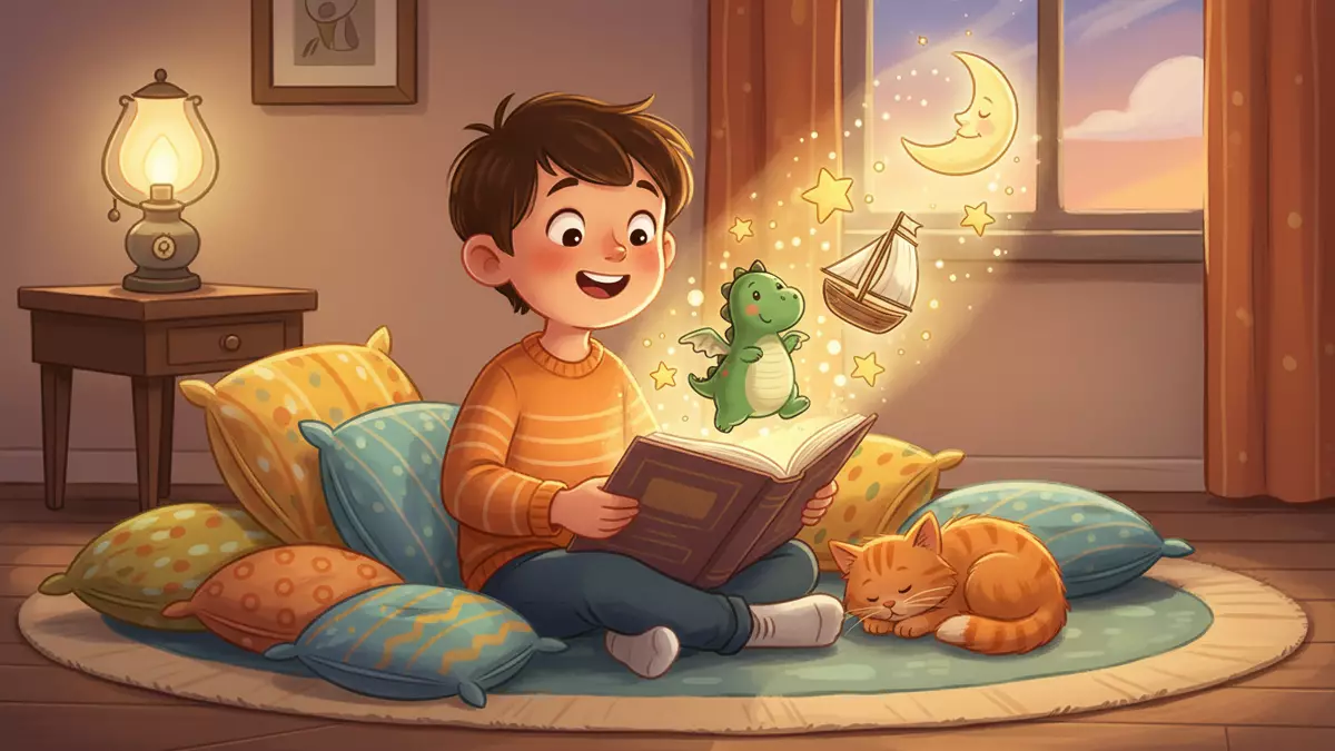Ребёнок с восторгом разглядывает раскрытую книгу, из которой поднимаются сказочные образы — иллюстрация к персональной сказке на заказ